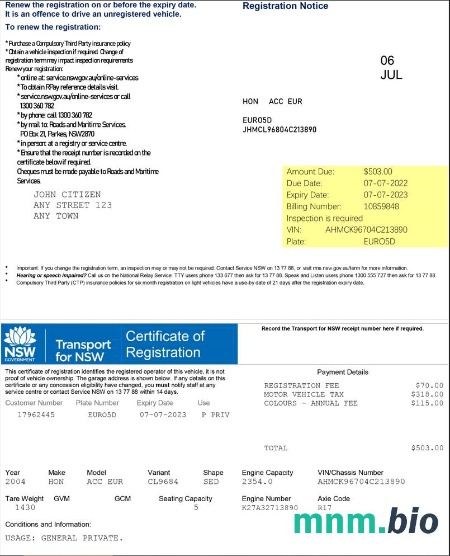 Świadectwo rejestracji Transport for NSW (Australia) w pełni edytowalne